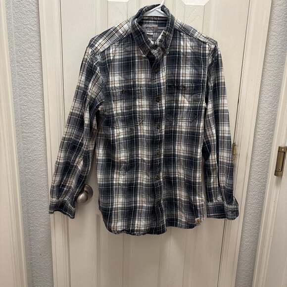Carhartt Relaxed Fit Plaid Flannel Shirt Mens L Gray Orange Midweight - Picture 1 of 5